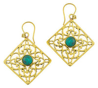 Load image into Gallery viewer, Ohrringe Türkis Karo Ornamente glänzend Messing antik golden Tribal 40 mm - chic-net.de
