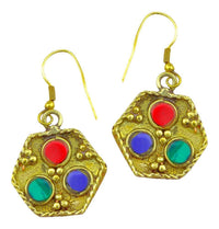 Load image into Gallery viewer, Ohrringe Wabe Steine rund bunt Ohrhänger Messing antik golden nickelfrei Tribal Brass - chic-net.de
