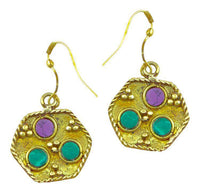 Load image into Gallery viewer, Ohrringe Wabe Steine rund lila grün Ohrhänger Messing antik golden nickelfrei Tribal Brass - chic-net.de
