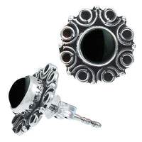 Load image into Gallery viewer, Ohrstecker schwarz Stein Onyx rund, silber Rand Blume Kreise Ohrringe 925er Sterlingsilber - chic-net.de
