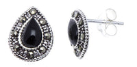 Load image into Gallery viewer, Ohrstecker schwarz Tropfen Stein silber Rand 8 mm silber Steine eingefasst 925er Sterlingsilber - chic-net.de
