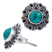 Cargar imagen en el visor de la galería, Ohrstecker Türkis Stein rund, silber Rand Blume Kreise Ohrringe 925er Sterlingsilber.
