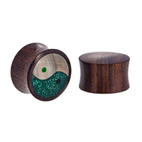 Load image into Gallery viewer, Organic Holz Plug Yin Yang Glitzer Resin grün Black Shell Tribal - chic-net.de
