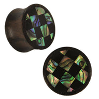 Load image into Gallery viewer, Organic Sonoholz Plug Paua Abalone Resin Schachbrett schillernd schwarz bunt Tribal - chic-net.de
