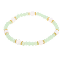 Load image into Gallery viewer, Perlenarmband Brass golden Ringe Kristalle hellgrün weiß schillernd verstellbar - chic-net.de
