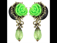 Load image into Gallery viewer, Plug Acryl Brass Rose Glastropfen grün Schleife Lilienrand golden Anhänger Piercing - chic-net.de
