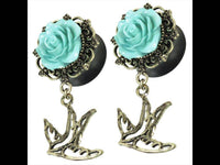Load image into Gallery viewer, Plug Acryl Brass türkis Rose Blumen Bögen Rand golden Schwalbe Anhänger Piercing - chic-net.de
