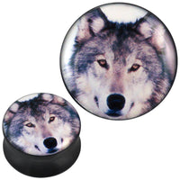 Load image into Gallery viewer, Plug Acryl weiß grauer Wolf Kopf schwarz Piercing Ohrschmuck - chic-net.de
