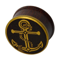 Load image into Gallery viewer, Plug Holz Tamarinde dunkelbraun Anker Seil Brass Überzug golden Rand Piercing - chic-net.de
