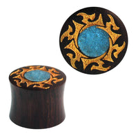 Load image into Gallery viewer, Plug Sonoholz golden Flammen crushed Türkis Stein Inlay double flared Handarbeit - chic-net.de
