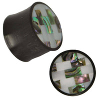 Cargar imagen en el visor de la galería, Plug weiß bunt Horn Rechtecke Linien Paua Abalone Perlmutt Tribal schwarz Expander - chic-net.de
