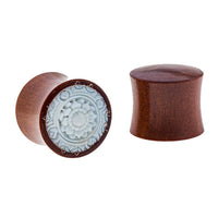 Load image into Gallery viewer, Sawoholz Plug natur braun Bone Inlay Blumenmuster geschnitzt Expander Tunnel - chic-net.de
