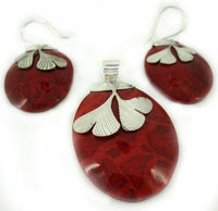 Cargar imagen en el visor de la galería, Schmuckset Koralle Ginkgo Blätter Rillen 925er Sterling Silber Anhänger Ohrringe Damen Schmuck - chic-net.de
