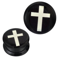 Load image into Gallery viewer, Schraub Plug Acryl schwarz weißes Kreuz Piercing Ohrschmuck - chic-net.de
