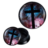Load image into Gallery viewer, Schraub Plug Acryl schwarzes Kreuz vor All lila blau Piercing Ohrschmuck - chic-net.de
