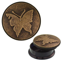 Load image into Gallery viewer, Schraub Plug Schmetterling Acryl Brass Inlay antik golden Tunnel Expander Piercing - chic-net.de
