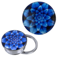 Load image into Gallery viewer, Schraub Plug Tunnel silbern Edelstahl Blume mehrlagig blau Acryl Piercing - chic-net.de
