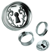 Load image into Gallery viewer, Schraub Plug Tunnel silbern grau schwarz Edelstahl verziertes Schlüsselloch Piercing - chic-net.de
