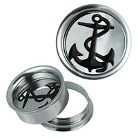 Load image into Gallery viewer, Schraub Plug Tunnel silbern schwarz Edelstahl Anker Seil Piercing - chic-net.de
