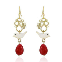 Cargar imagen en el visor de la galería, Set Kette Ohrringe 18 karat vergoldet rot Tropfen Vogel Kreise nickelfrei Stein Perlmutt weiß - chic-net.de
