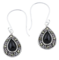 Load image into Gallery viewer, Silberohrringe Tropfen 12 mm Onyx Silberrrand Glitzer 925 Sterlingsilber Ohrringe - chic-net.de
