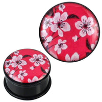 Load image into Gallery viewer, single flared Plug Acryl Gummiring Kirschblüten pink schwarz Piercing Ohrschmuck - chic-net.de
