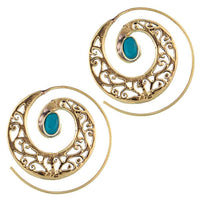 Load image into Gallery viewer, Spiralen Ohrringe breit gestanzt Türkis oval Messing antik golden nickelfrei Piercing Tribal - chic-net.de

