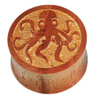 Load image into Gallery viewer, Teakholz Plug braun gold bemalt Oktopus double flared - chic-net.de
