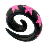 Cargar imagen en el visor de la galería, Tribal Buffalo Horn Piercing Expander, schwarze Spirale mit pinkfarbenen Sternen, 4mm,  Plug, Tunnel, Ohrring, Ohrhänger, Ohrstecker - chic-net.de
