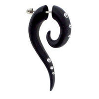 Cargar imagen en el visor de la galería, Tribal Fake Piercing schwarz langgezogen Spirale weiß Kristalle Edelstahl handgeschnitzt Eisenholz - chic-net.de
