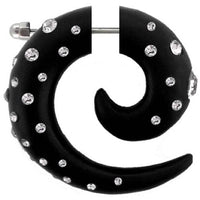 Cargar imagen en el visor de la galería, Tribal Fake Piercing schwarz Spirale viele weiße Kristalle handgeschnitzt Eisenholz Edelstahl 1 mm - chic-net.de
