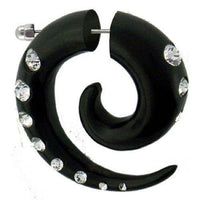 Cargar imagen en el visor de la galería, Tribal Fake Piercing schwarz Spirale weiß Kristalle handgeschnitzt Eisenholz Edelstahl 1 mm - chic-net.de
