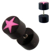 Load image into Gallery viewer, Tribal Fake Piercing, schwarzer Fakeplug mit pinkfarbenem Stern, handgeschnitzt aus Büffelhorn, 1mm, Edelstahlbügel - chic-net.de
