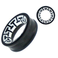 Load image into Gallery viewer, Tribal Holz Tunnel schwarz Holztunnel Bone Inlay weiß handgeschnitzt Eisenholz Knochen Plug Muster.
