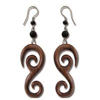 Load image into Gallery viewer, Tribal Ohrringe Schnörkel Spiralen-Form Sonoholz dunkelbraun Ohrhänger Edelstahl - chic-net.de
