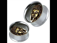 Load image into Gallery viewer, Tunnel silbern Edelstahl antik golden Brass Buddha Inlay Piercing - chic-net.de
