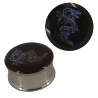 Load image into Gallery viewer, Tunnel silbern Edelstahl Plug Acryl chinesischer Drache blau schwarz Piercing - chic-net.de
