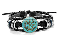 Load image into Gallery viewer, Viking Kompass Leder Armband schwarz silber verstellbar.
