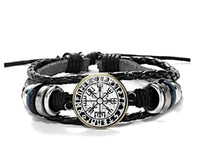 Load image into Gallery viewer, Viking Kompass Leder Armband schwarz silber verstellbar.
