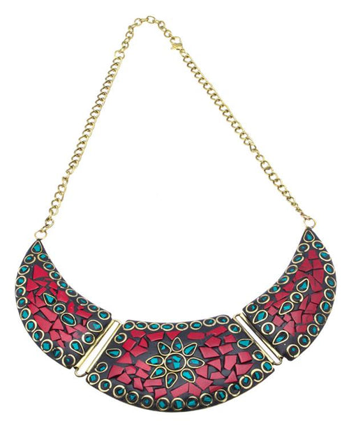 Collier Kette Messing breiter Brass Steine Jaspis Stern gold nickelfrei rund antik Tribal Schmuck - chic - net.de