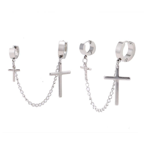 Edelstahl Creolen Helix silberfarben feine Verbinungskette Kreuz Anhänger Klippverschluss - chic - net.de