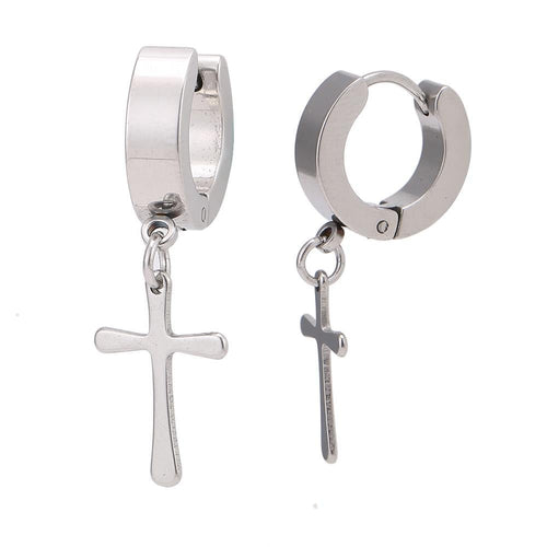 Edelstahl Creolen Ohrring schlicht silber Farben kleiner Kreuz Anhänger 10 mm - chic - net.de