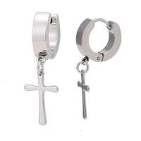 Load image into Gallery viewer, Edelstahl Creolen Ohrring schlicht silber Farben kleiner Kreuz Anhänger 10 mm - chic - net.de
