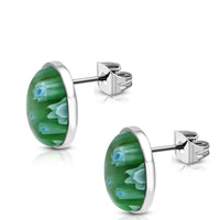 Load image into Gallery viewer, Edelstahl Ohrstecker Muranoglas grün oval 16mm Blumen - chic - net.de
