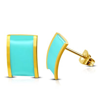 Load image into Gallery viewer, Edelstahl Rechteck Ohrstecker Emaille türkis gold gebogen
