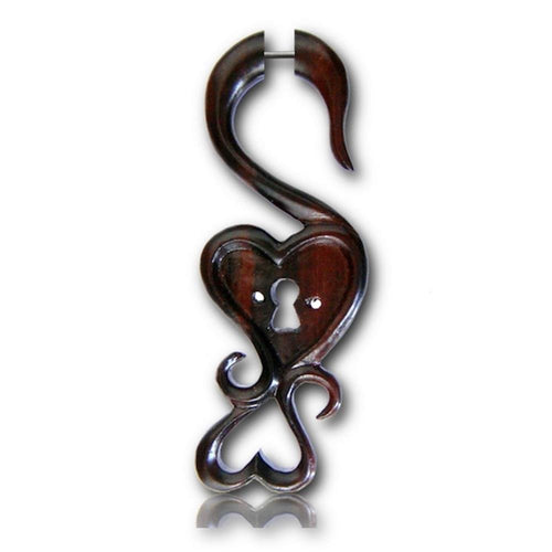 Fake Holz Piercing Narra Holz Schloss Herz nickelfrei Edelstahl Ohrstecker key to my heart - chic - net.de