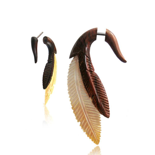 Fake Holz Piercing Perlmutt Narra Wood Federn Indianer Edelstahl Ohrstecker Organic Tribal - chic - net.de