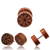 Load image into Gallery viewer, Fake Holzplug Vegvisir Plug Piercing Edelstahl Holz Gravur Wikinger Kompass - chic - net.de
