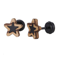 Load image into Gallery viewer, Fake Piercing Expander schwarz Stern in hellem Holzrahmen Schaubverschluss Edelstahl - chic - net.de

