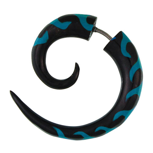 Fake Piercing Horn schwarz türkis Spirale Ohrstecker Wellen Muster Unisex - chic - net.de